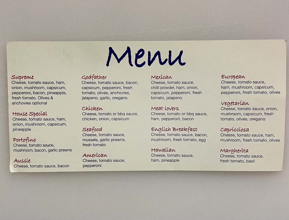 Menu, Padbury Pizza