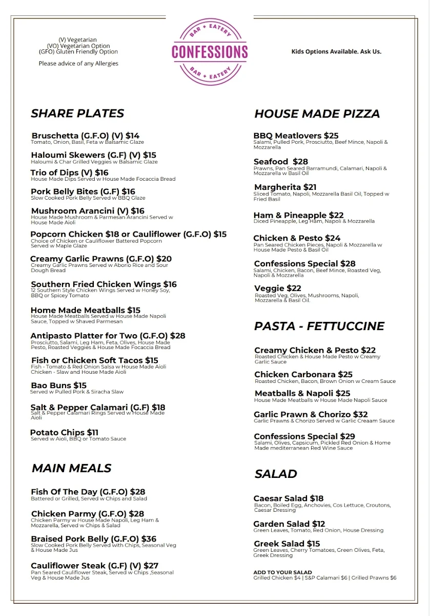 Menu, Confessions Bar and Eatery