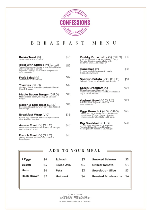 Menu, Confessions Bar and Eatery