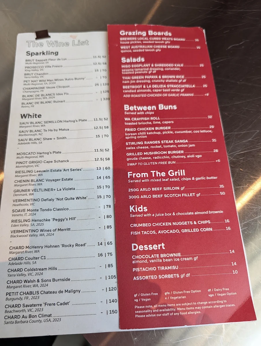 Menu, Little Creatures Elizabeth Quay