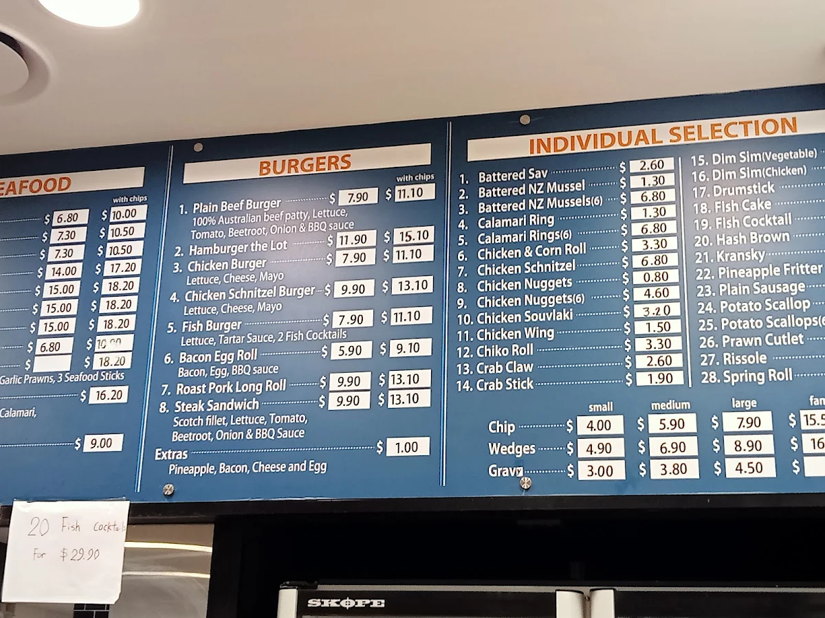 Menu, St Marys Fish & Chips