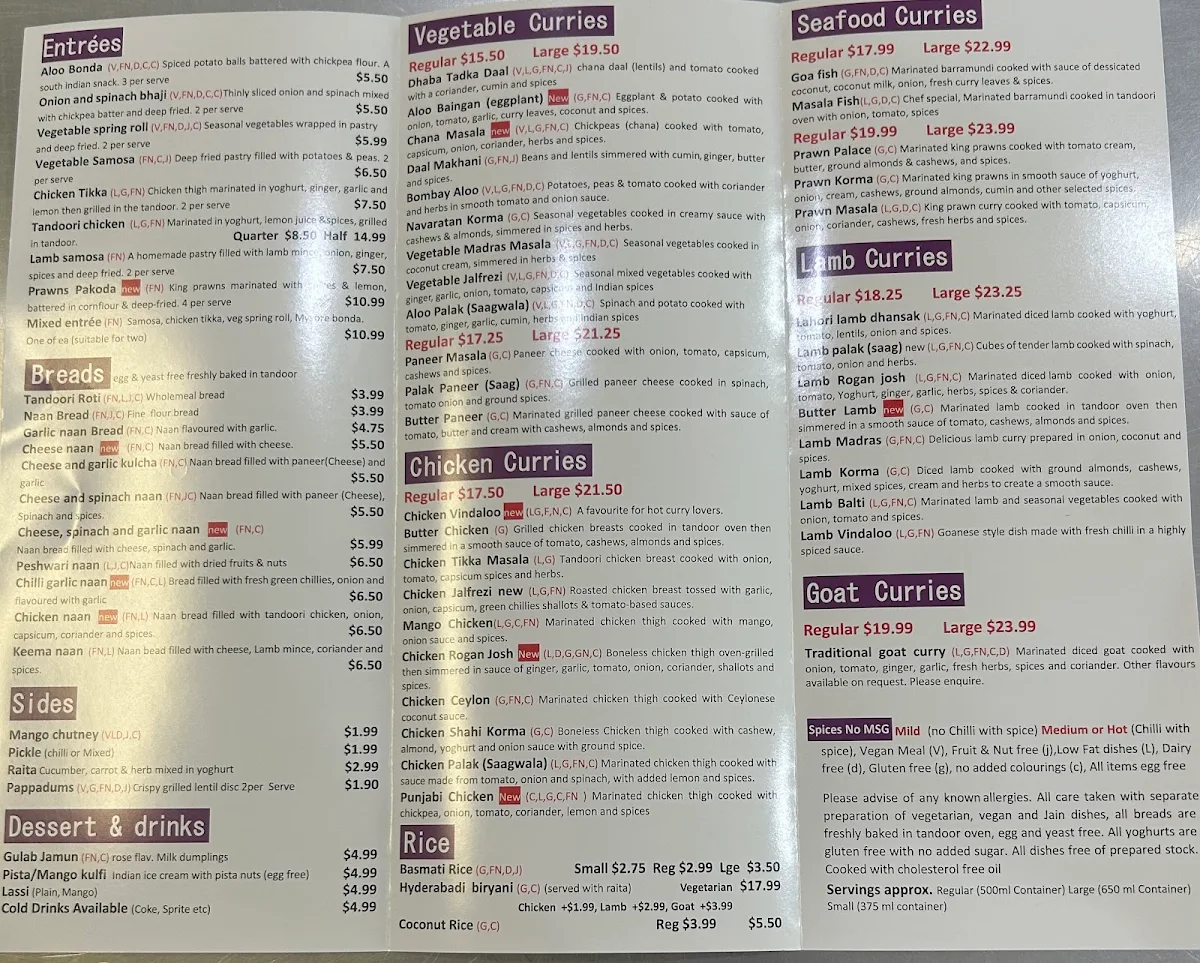 Menu, Bombay Palace Victoria Point Indian Restaurant