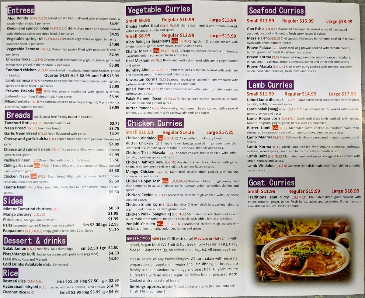 Menu, Bombay Palace Victoria Point Indian Restaurant