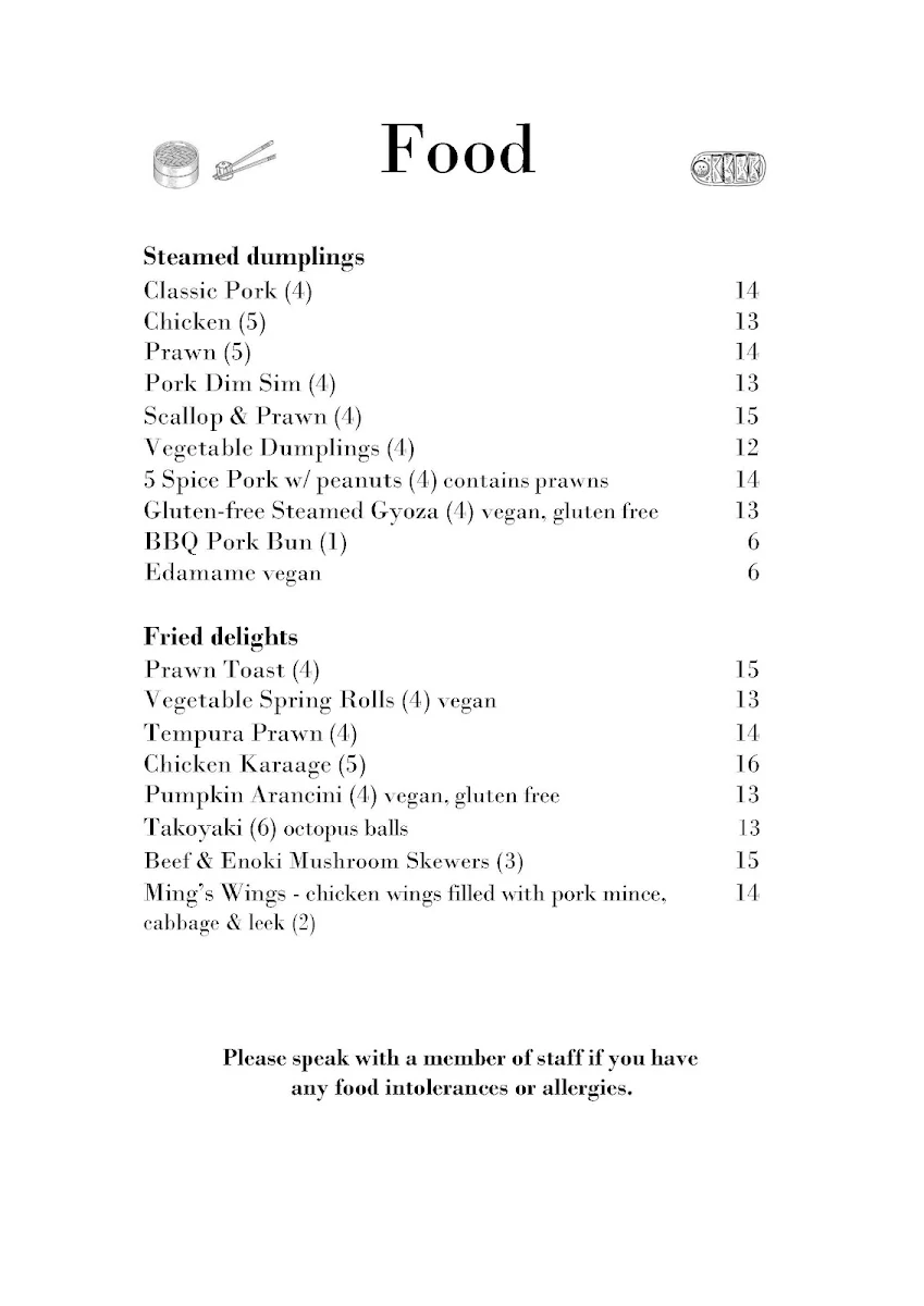 Menu, Uncle Ming's Bar