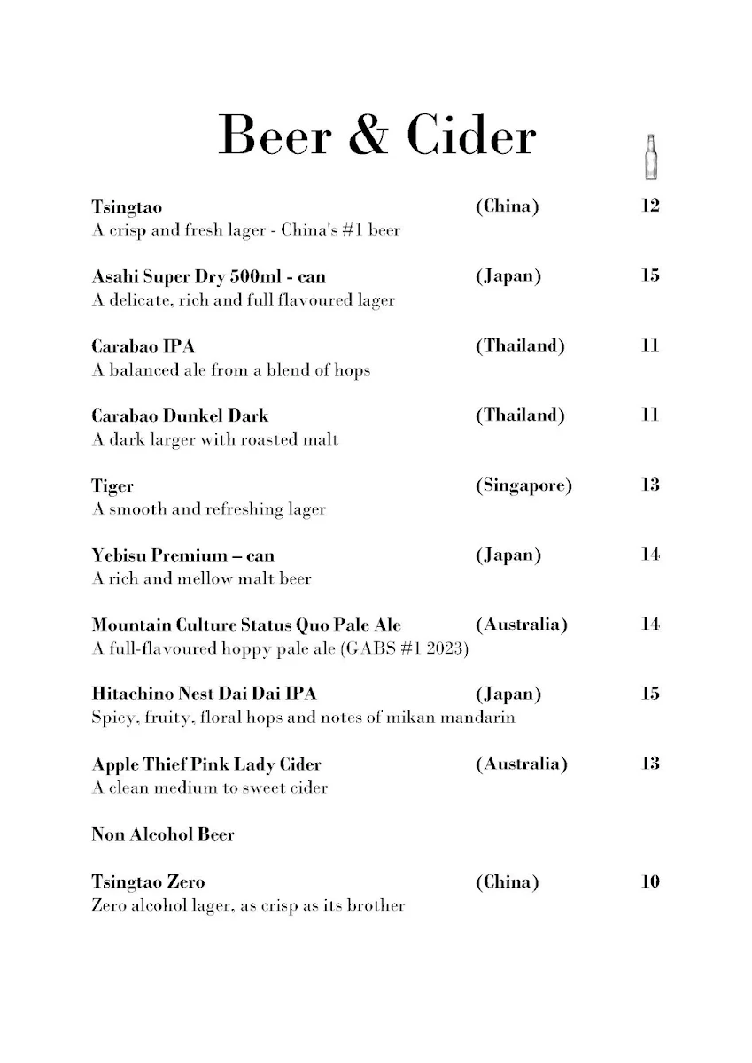 Menu, Uncle Ming's Bar