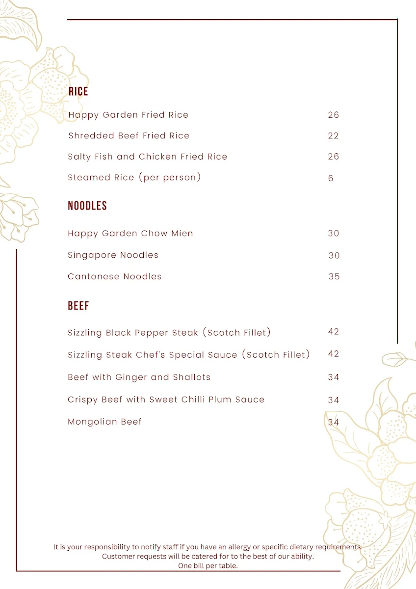 Menu, Happy Garden Takeaway Casuarina