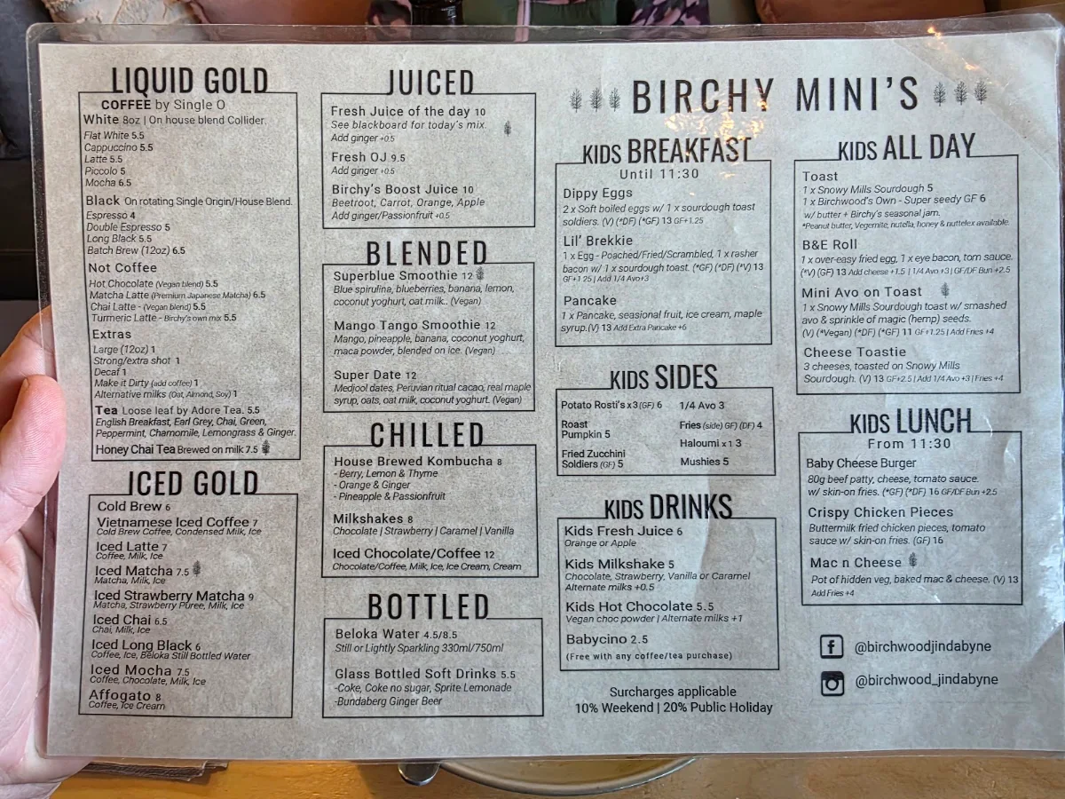 Menu, Birchwood Jindabyne - Cafe & Catering