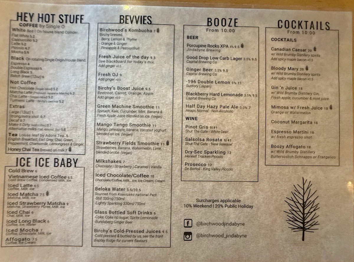 Menu, Birchwood Jindabyne - Cafe & Catering