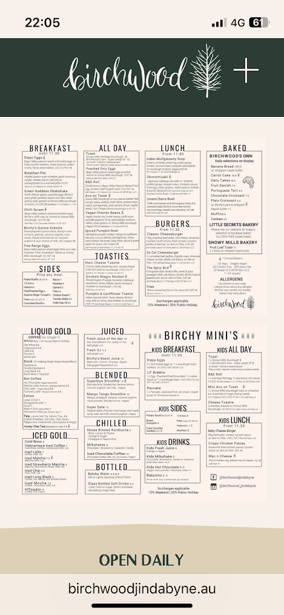 Menu, Birchwood Jindabyne - Cafe & Catering
