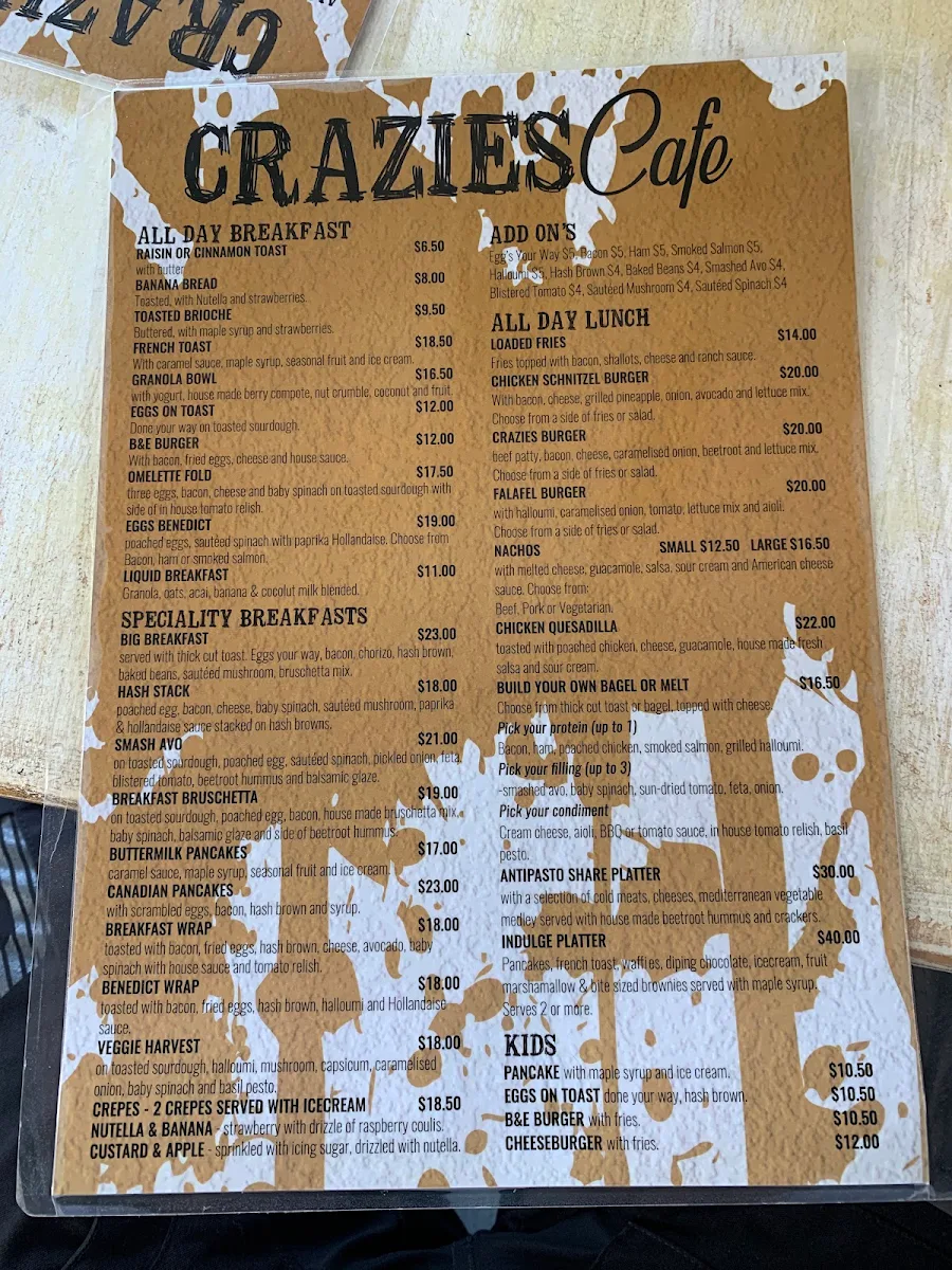 Menu, CRAZIES cafe
