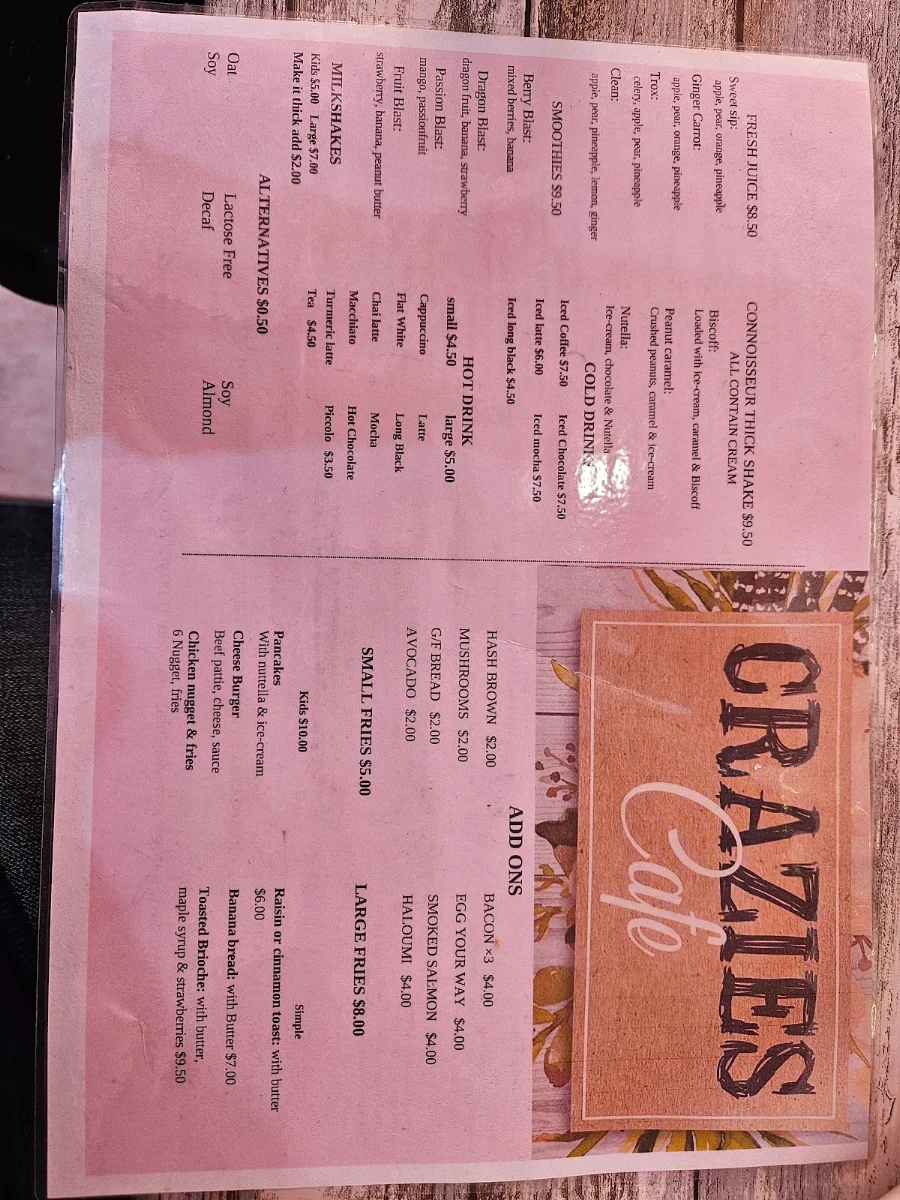 Menu, CRAZIES cafe
