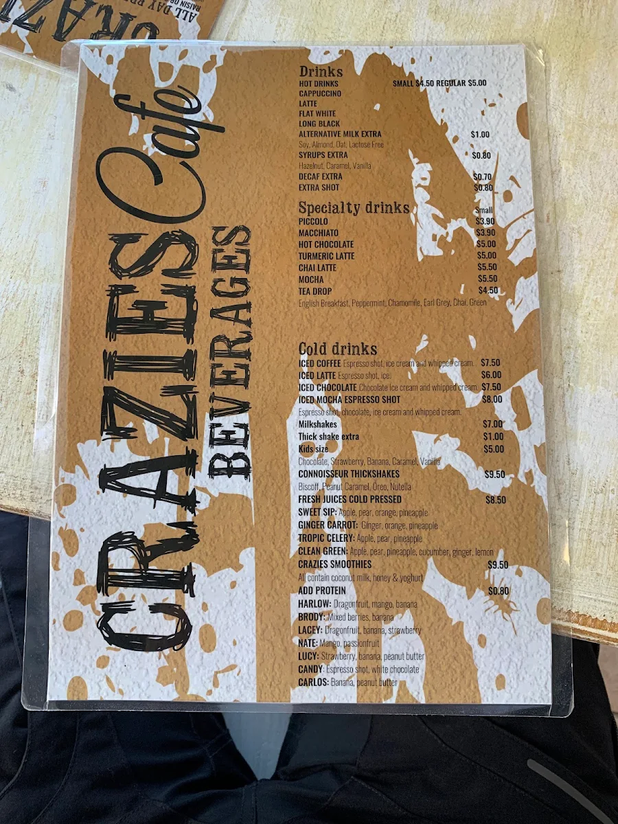 Menu, CRAZIES cafe