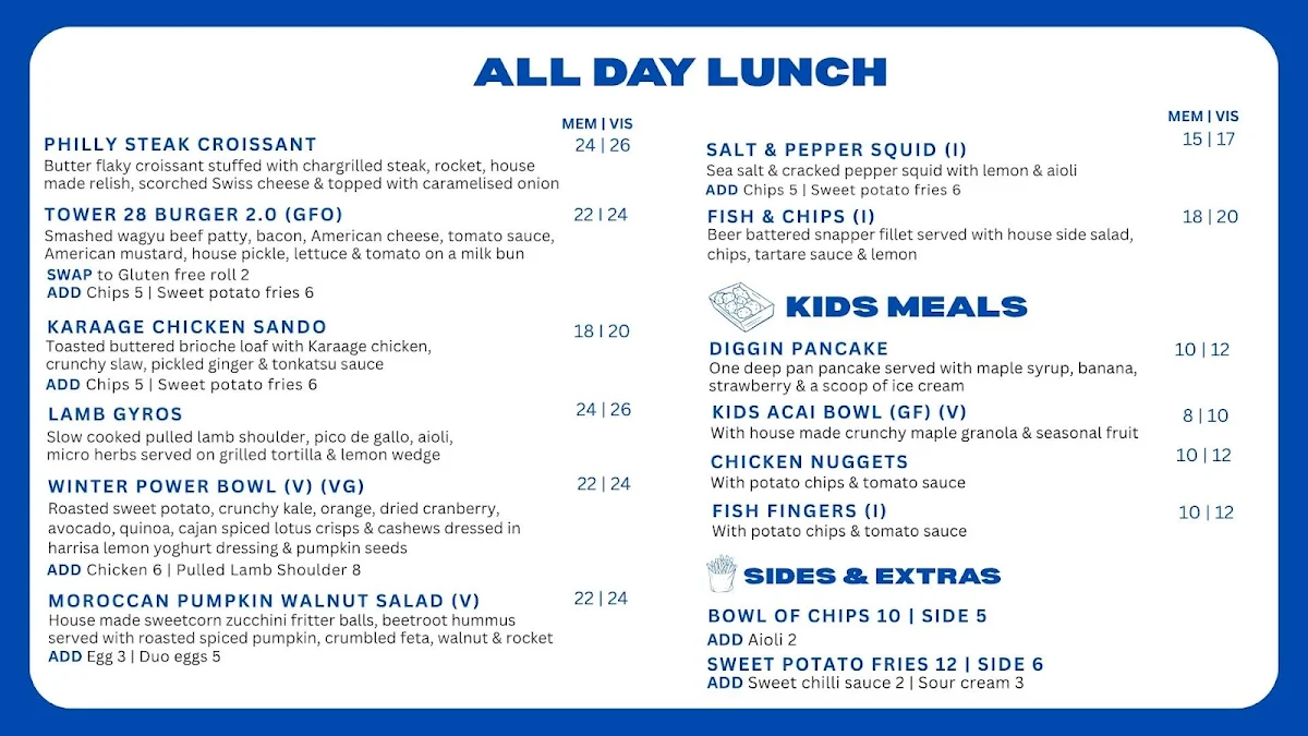 Menu, Tower 28 Café