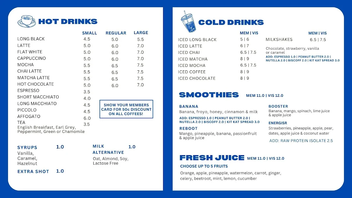 Menu, Tower 28 Café