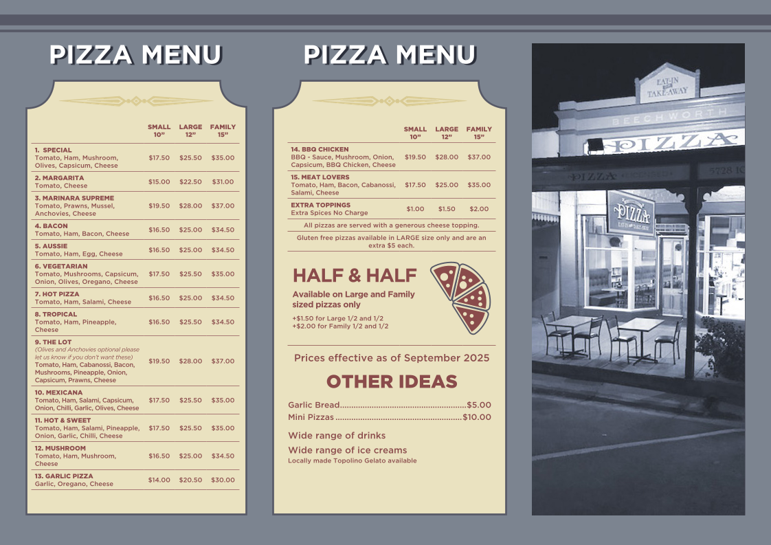 Menu, Beechworth Pizza & Takeaway
