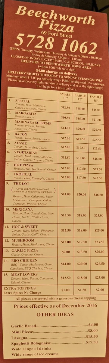 Menu, Beechworth Pizza & Takeaway