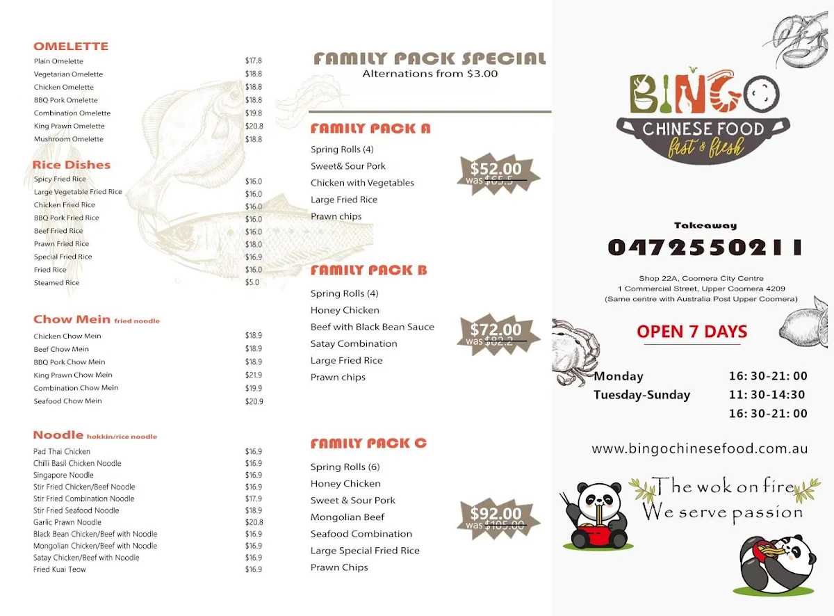Menu, Bingo Chinese Food