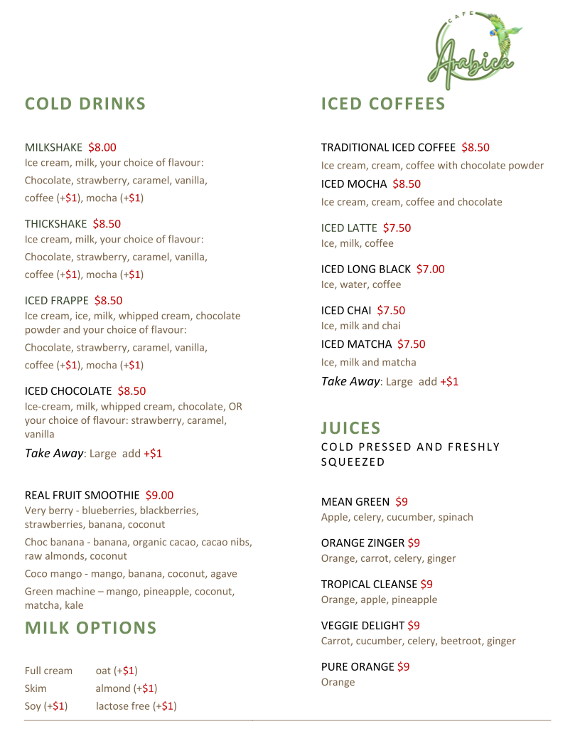 Menu, Cafe Arabica