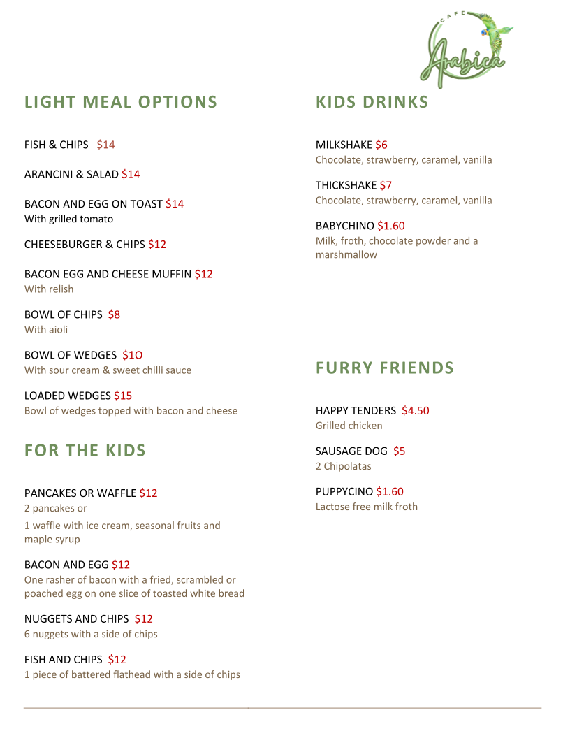 Menu, Cafe Arabica
