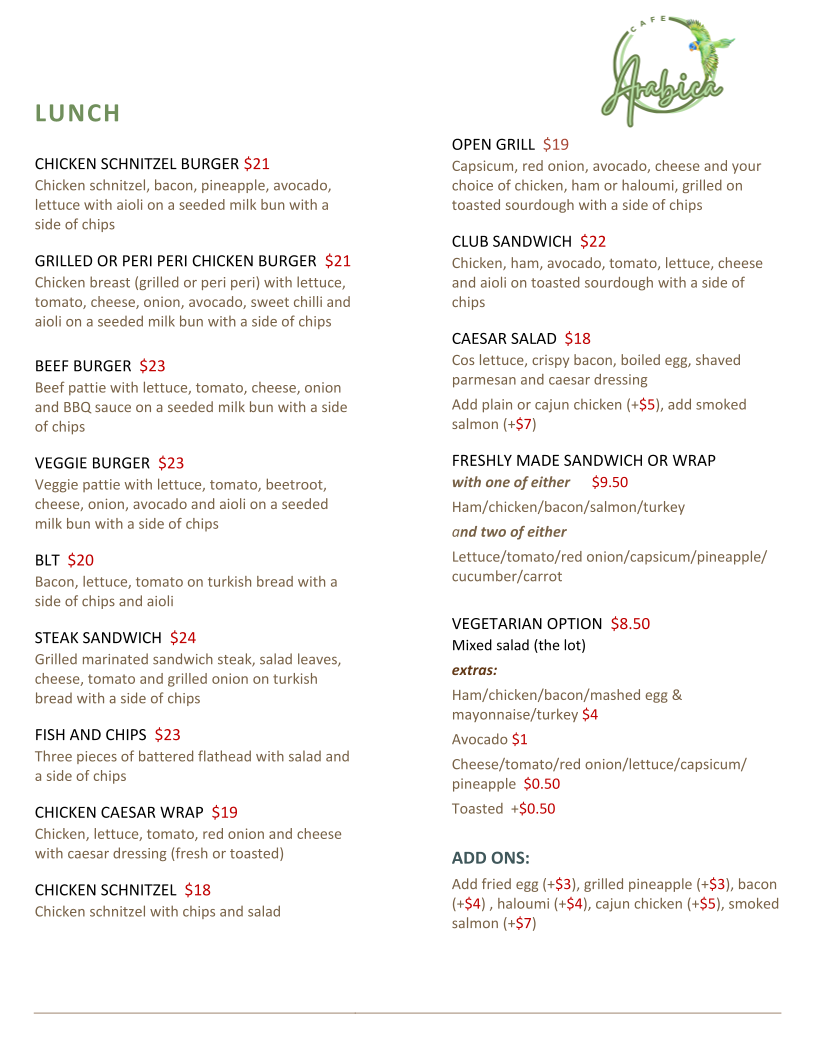 Menu, Cafe Arabica