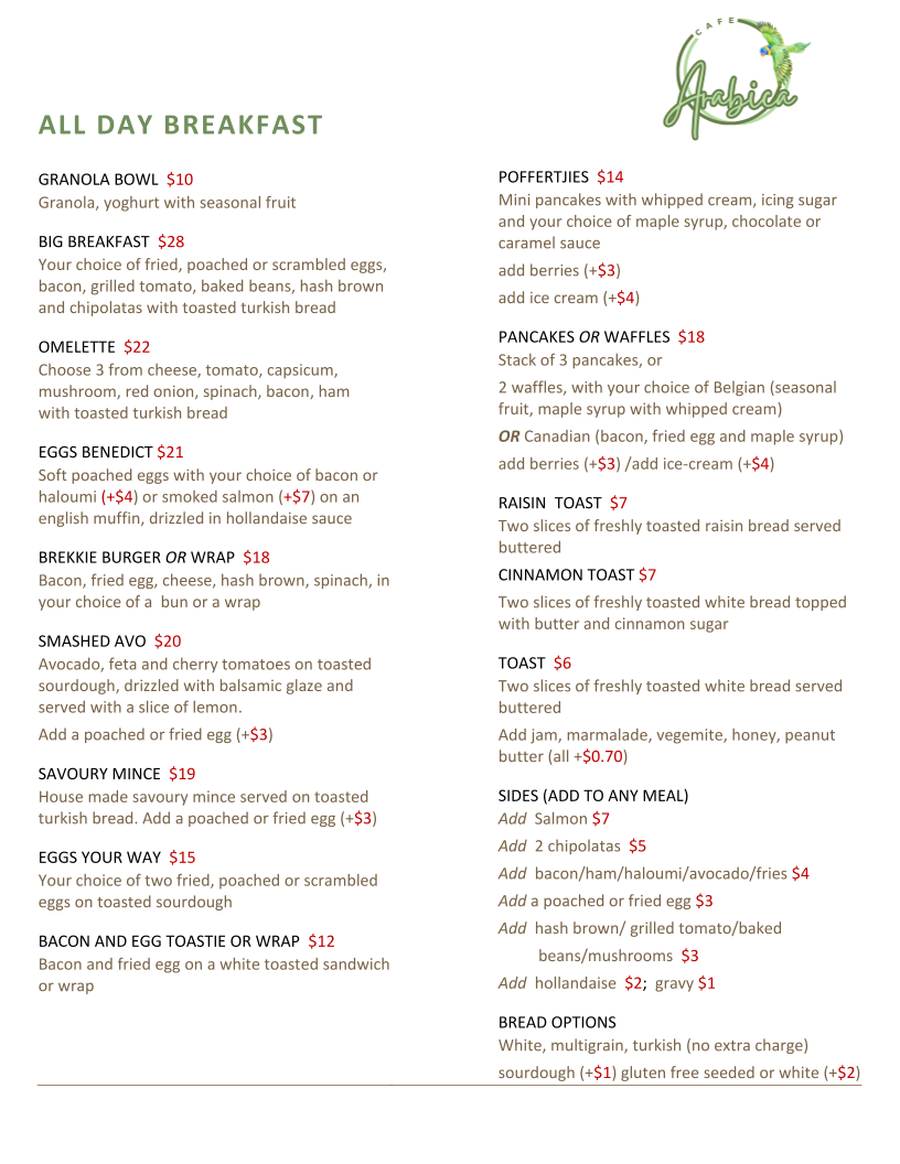 Menu, Cafe Arabica