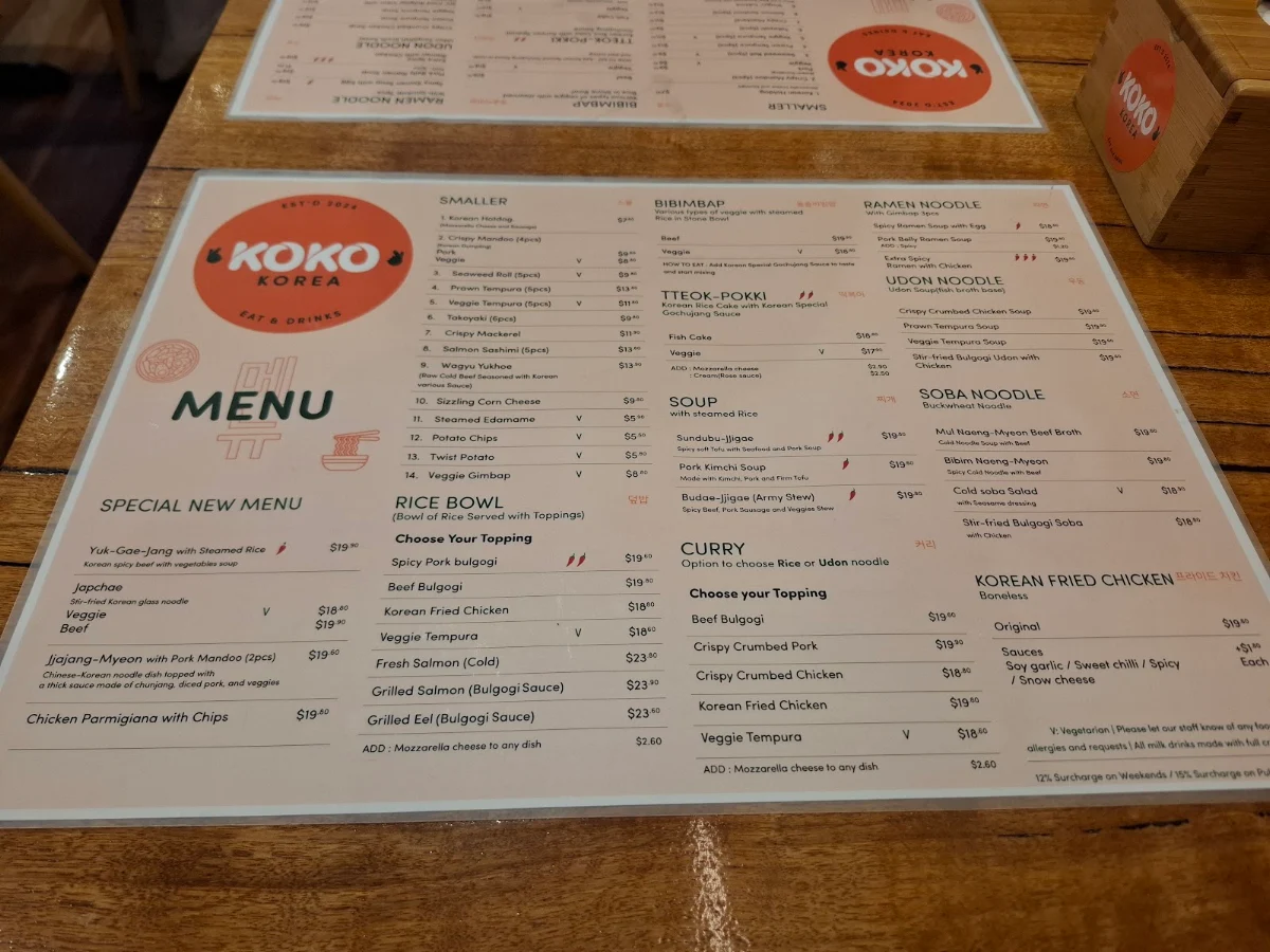 Menu, KOKO KOREA