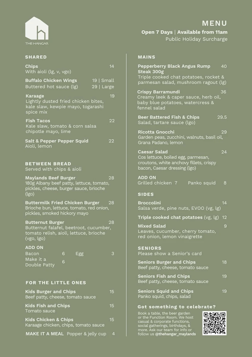 Menu, The Hangar At Maylands