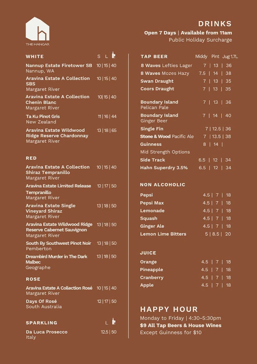 Menu, The Hangar At Maylands
