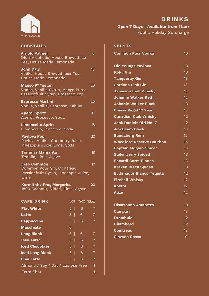 Menu, The Hangar At Maylands