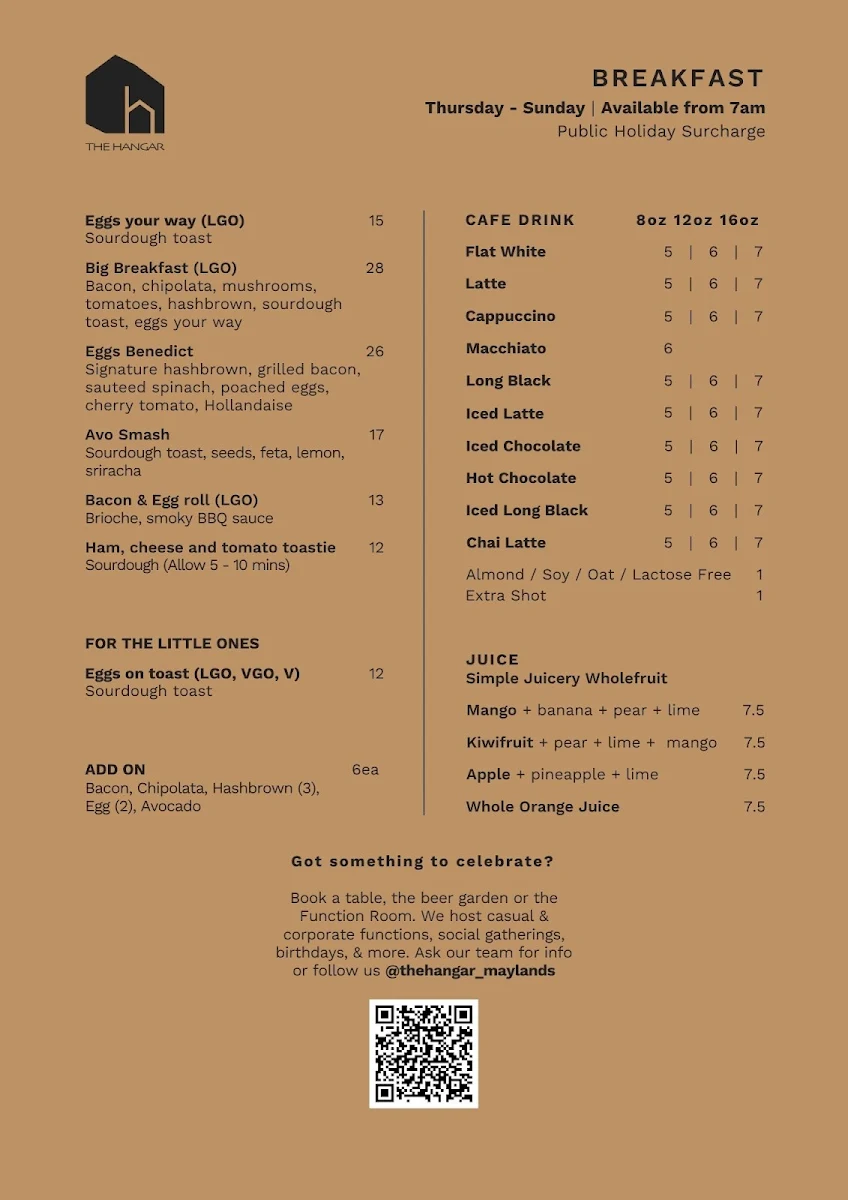 Menu, The Hangar At Maylands