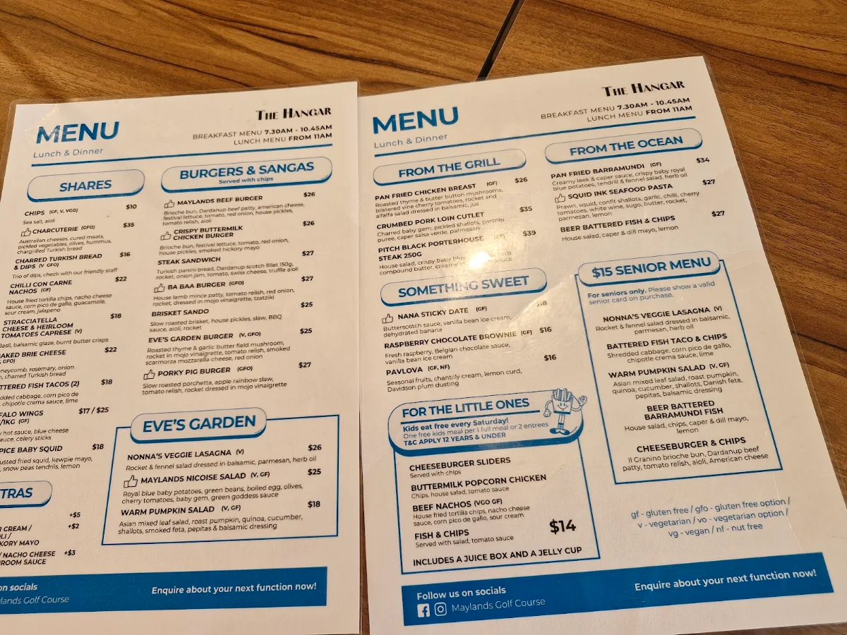 Menu, The Hangar At Maylands