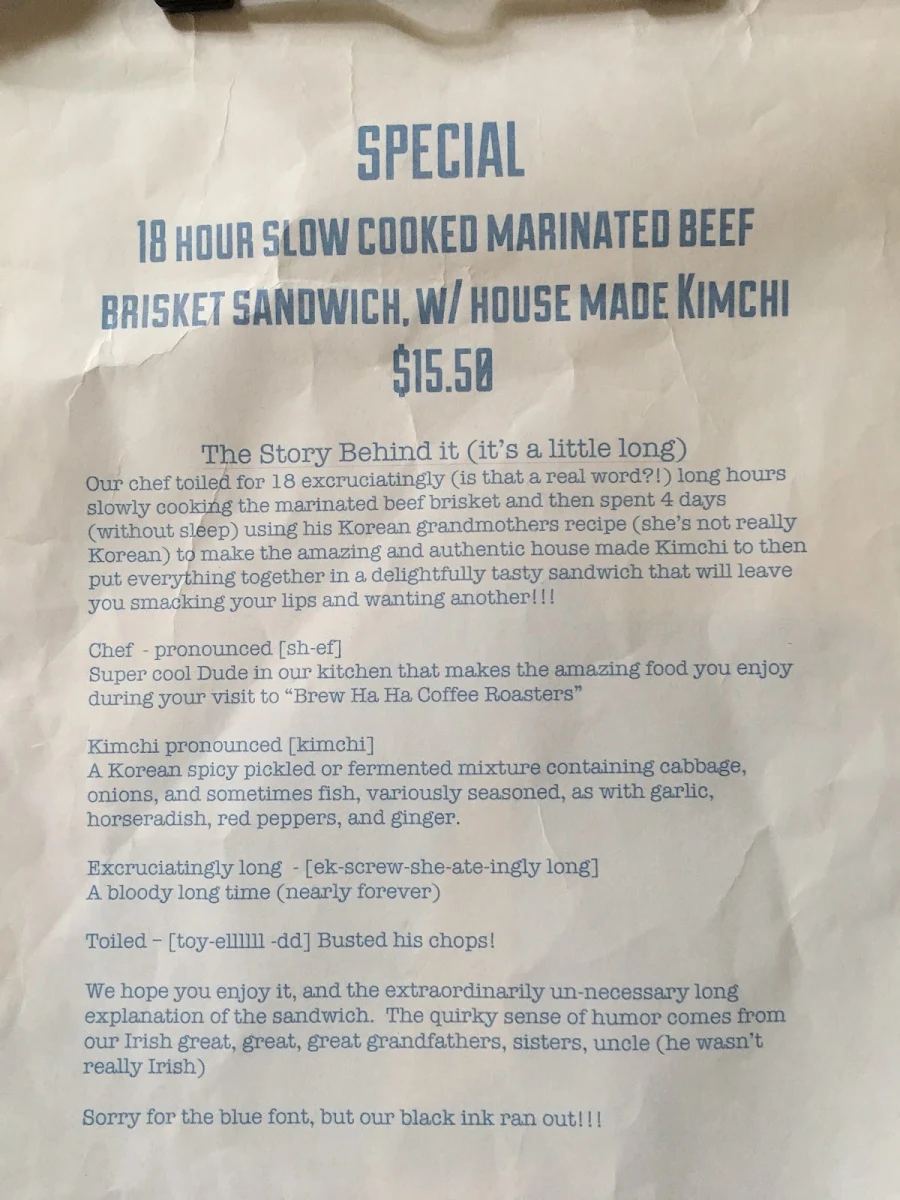 Menu, Brew Ha Ha Coffee Roasters Lilyfield