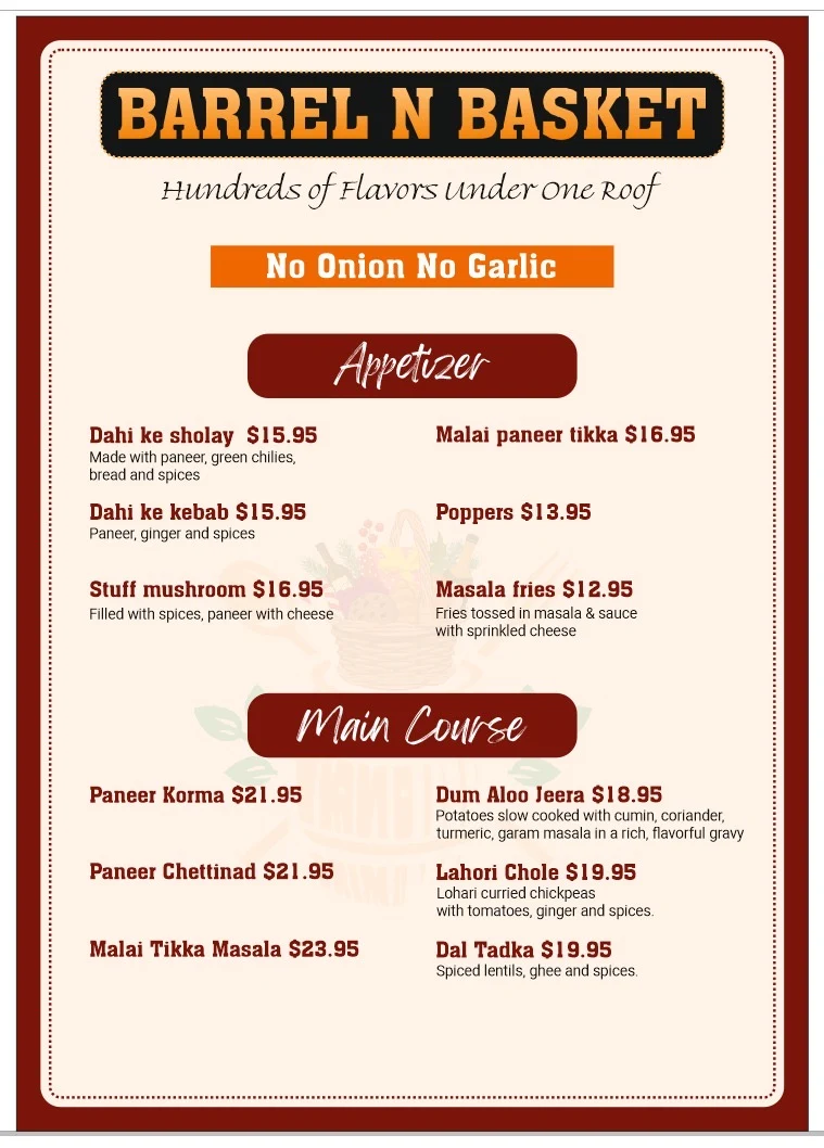 Menu, Barrel N Basket