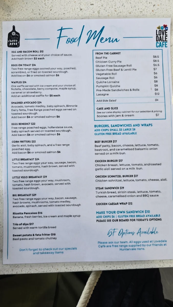 Menu, Lovedale Cafe