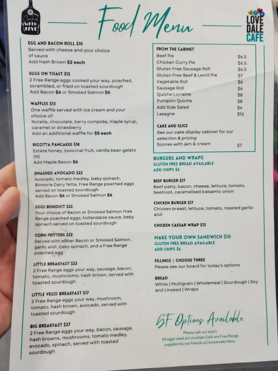 Menu, Lovedale Cafe