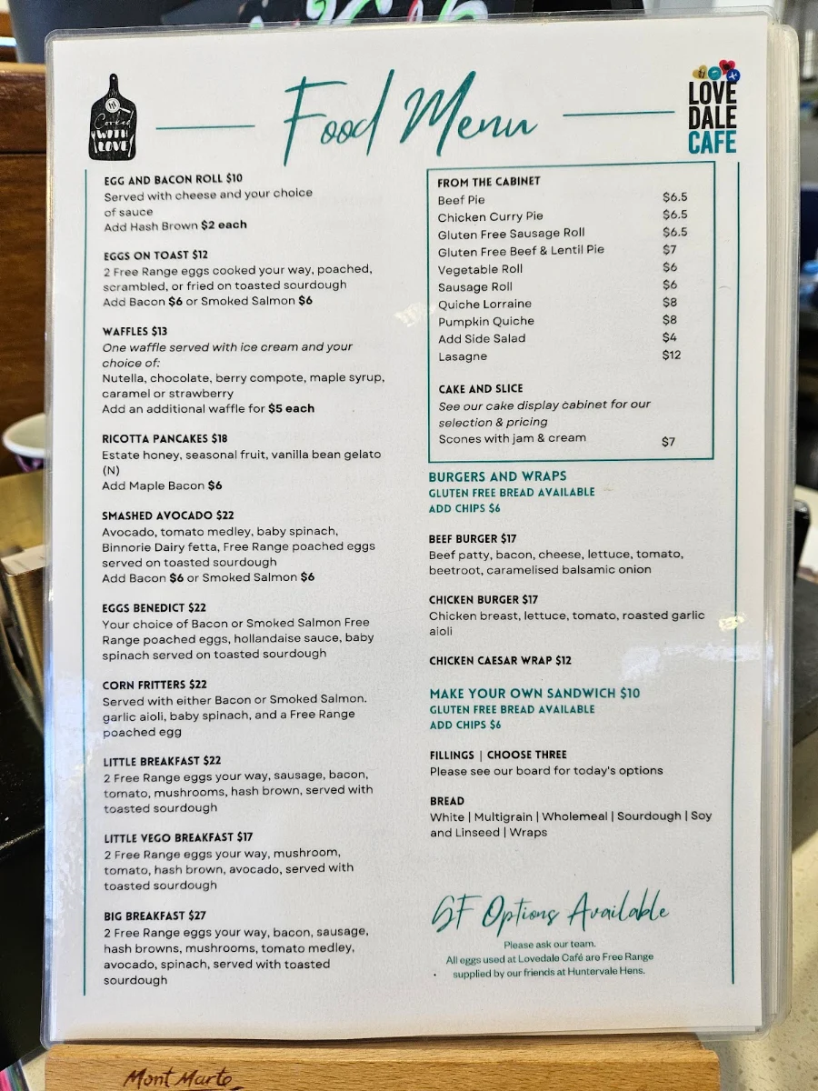 Menu, Lovedale Cafe