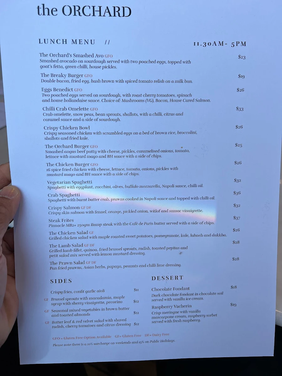 Menu, The Orchard