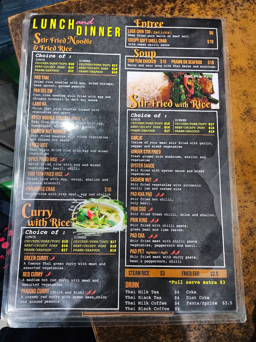 Menu, Chon Siam Thai Restaurant