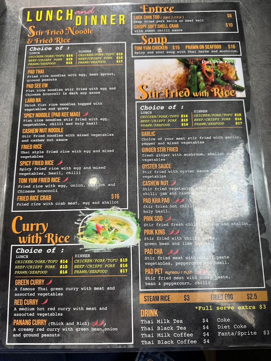 Menu, Chon Siam Thai Restaurant