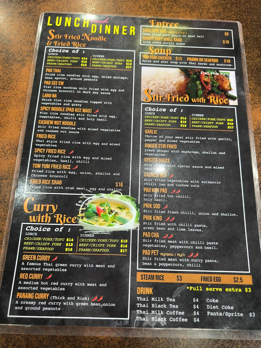 Menu, Chon Siam Thai Restaurant