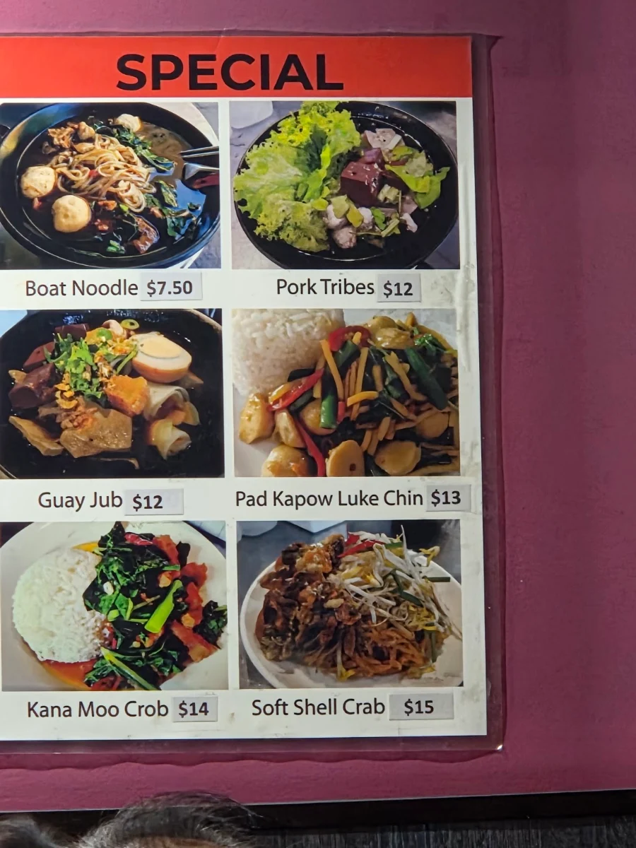 Menu, Chon Siam Thai Restaurant