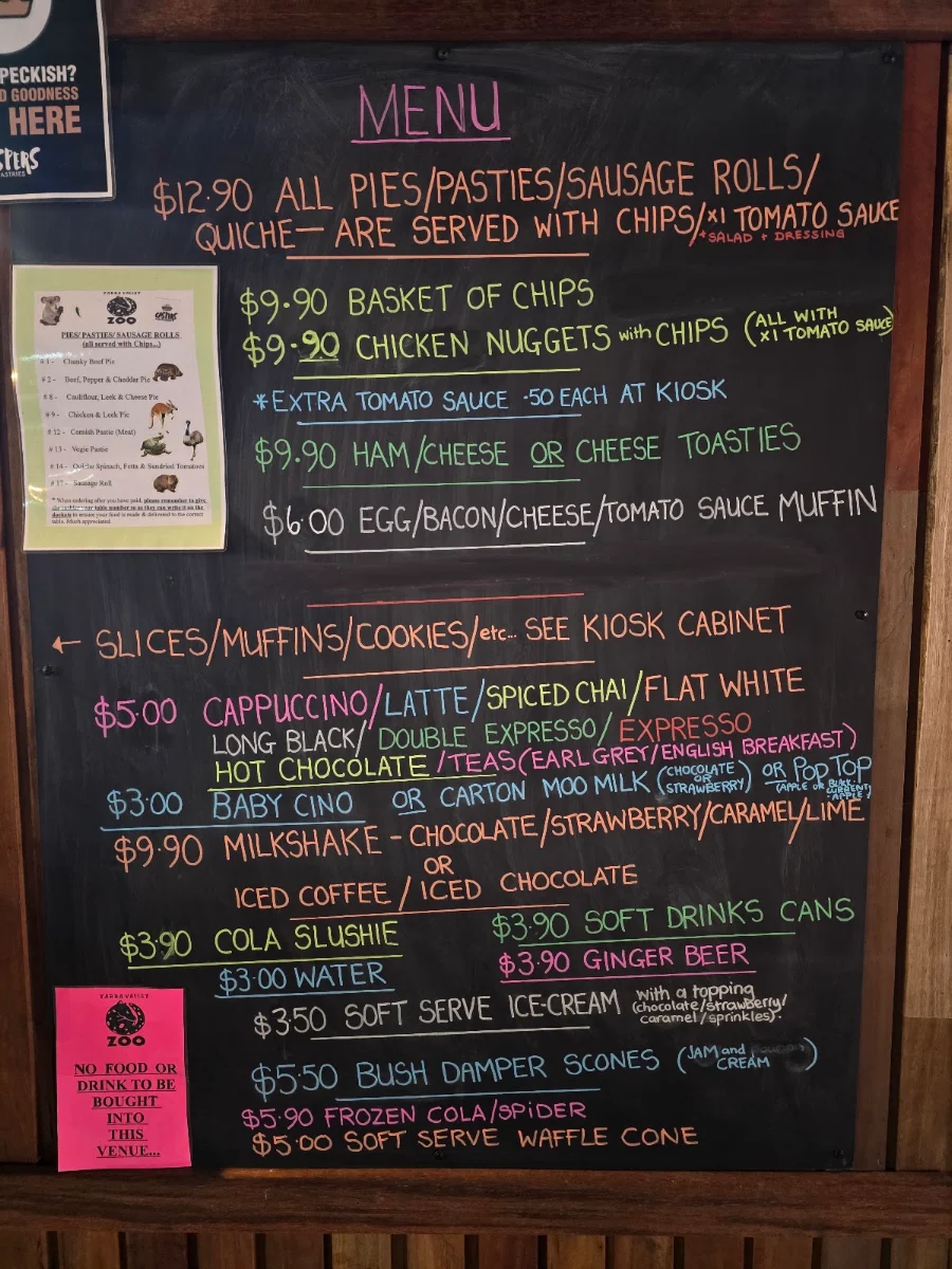 Menu, Yarra valley koala cafe