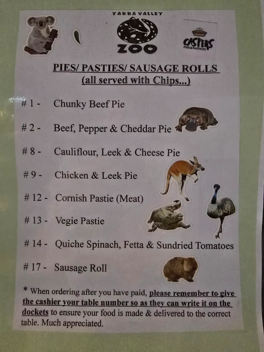 Menu, Yarra valley koala cafe