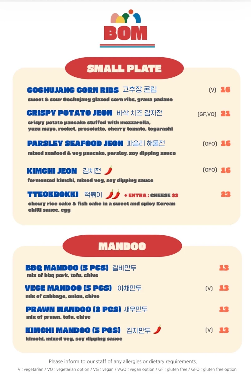 Menu, Bom Korean Restaurant