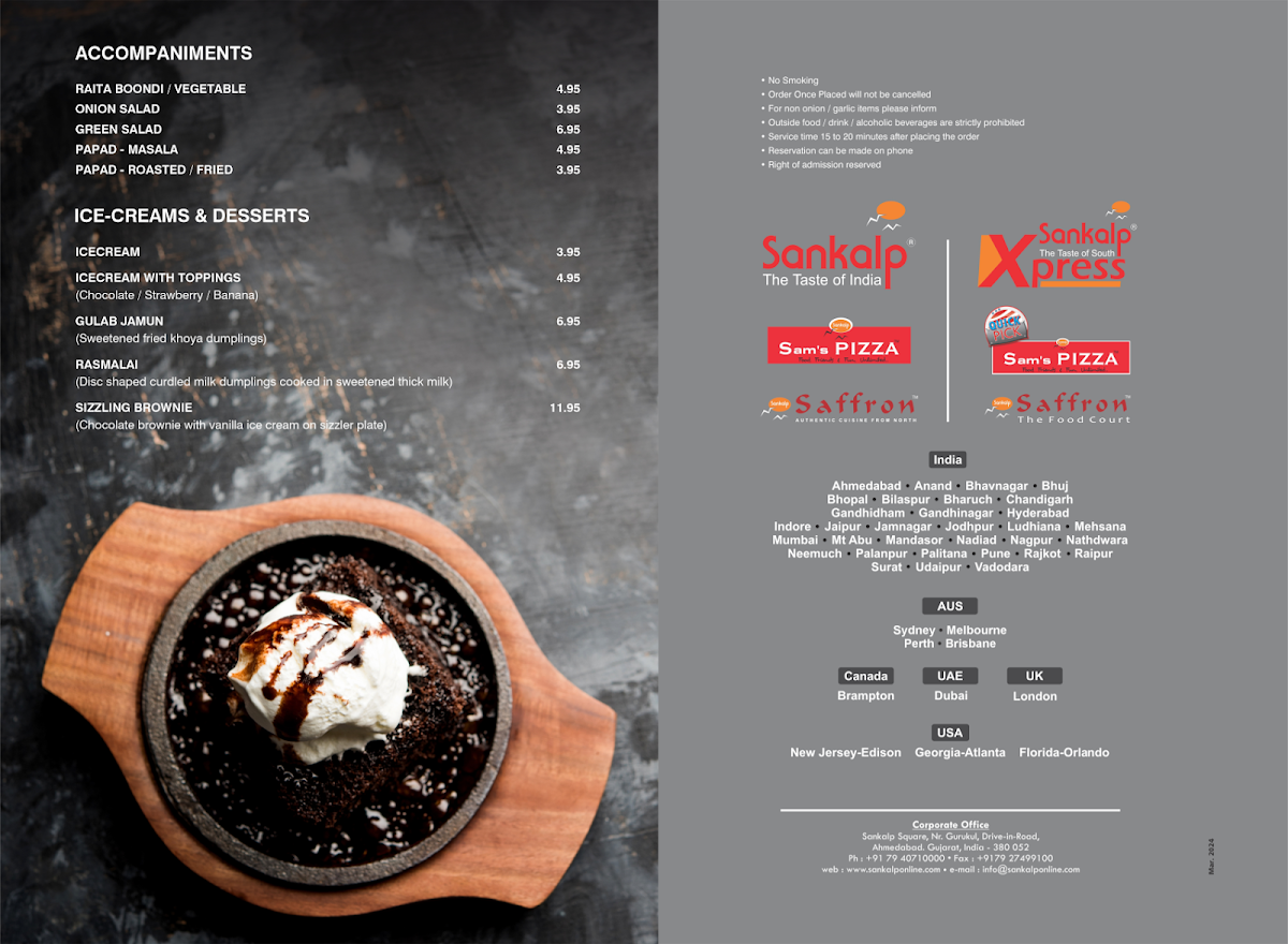 Menu, Sankalp Restaurant