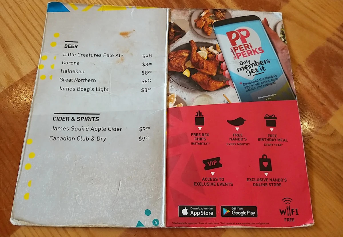 Menu, Nando's Springfield Lakes