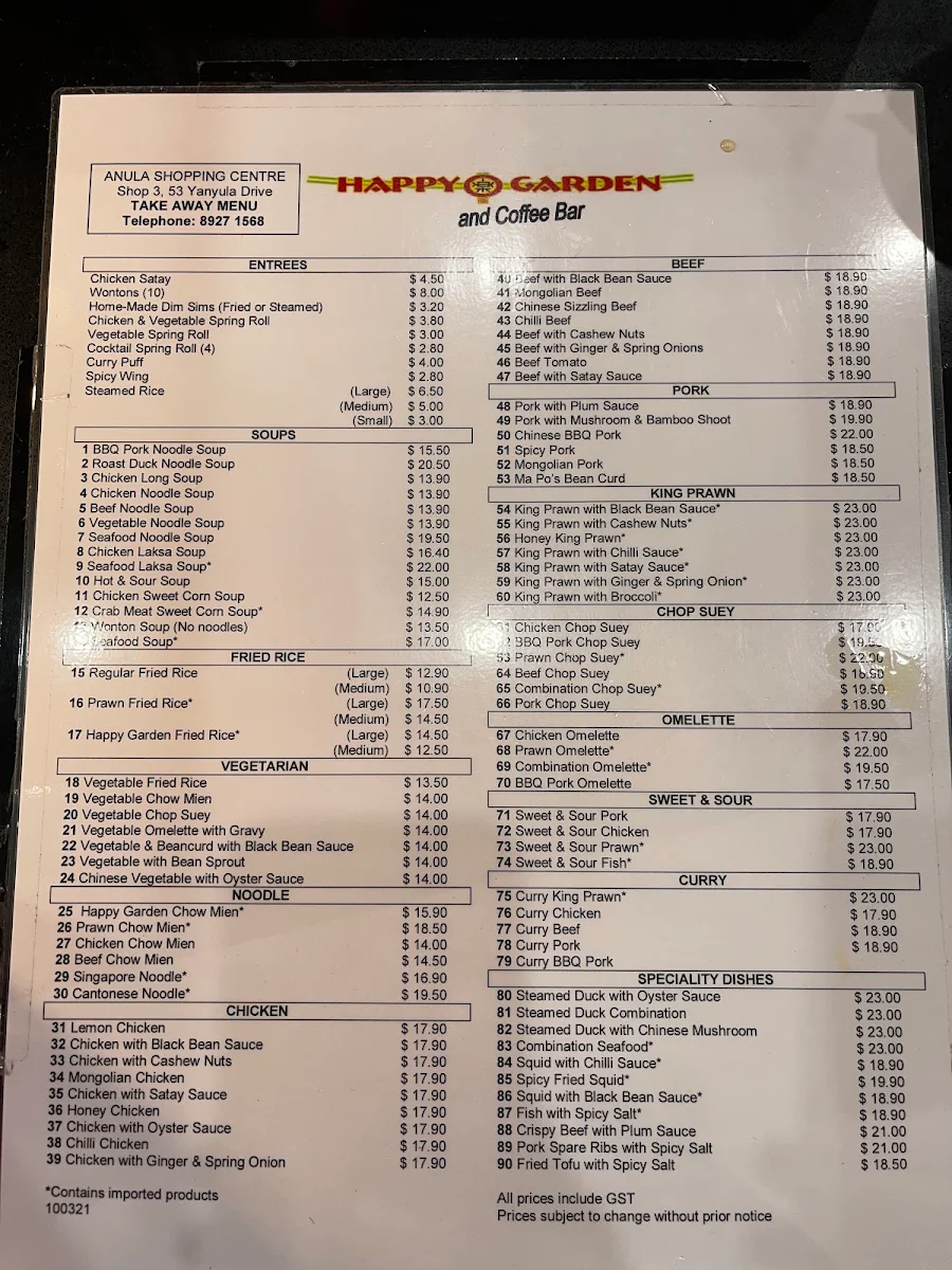 Menu, Happy Gardens Anula Coffee Bar