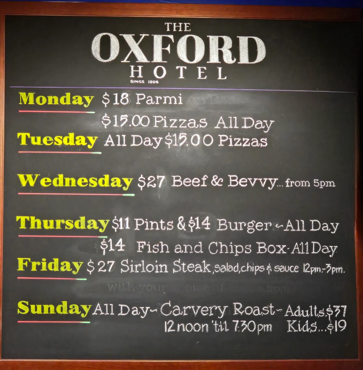 Menu, The Oxford Hotel