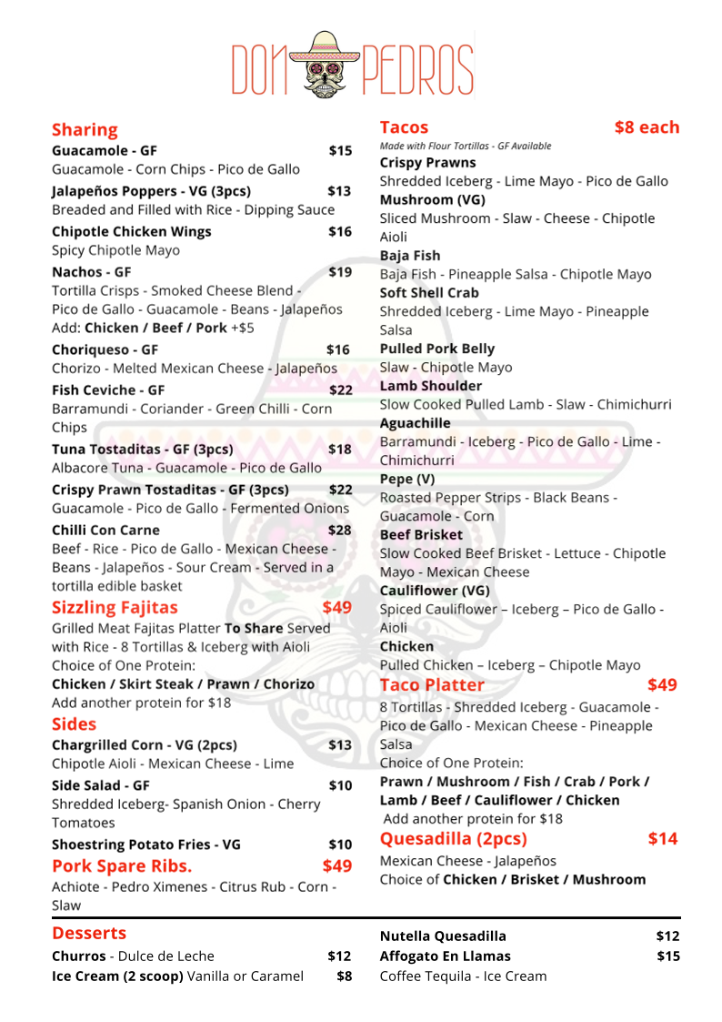 Menu, Don Pedros Bondi