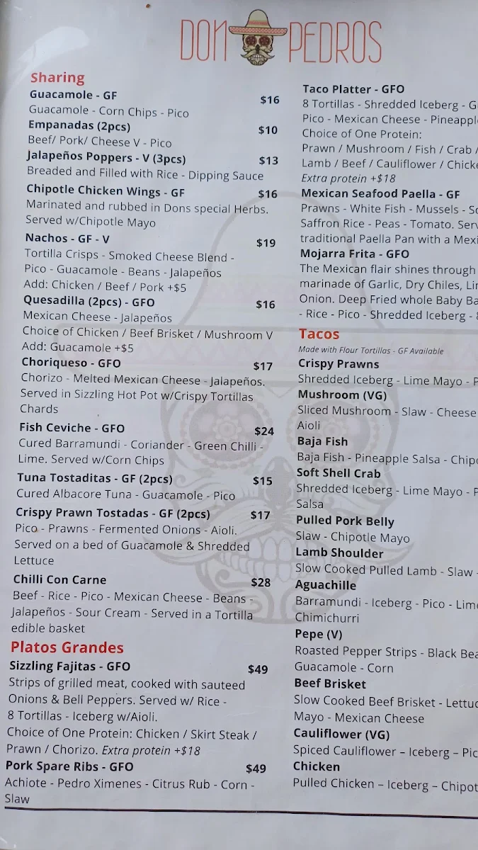 Menu, Don Pedros Bondi
